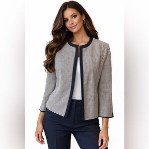 BEA Classics Women’s Navy/White Long Sleeve Blazer Checkered Size 14 Open Front